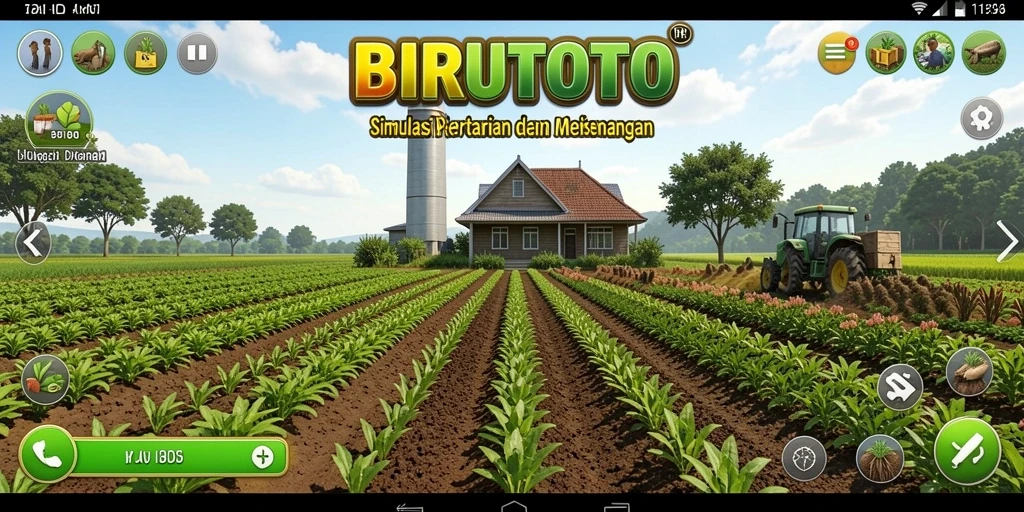 Tangkapan layar gameplay BIRUTOTO menunjukkan suasana pertanian yang ceria.