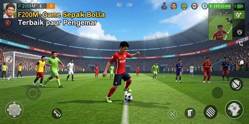 Tampilan gameplay F200M yang penuh aksi di lapangan sepak bola.