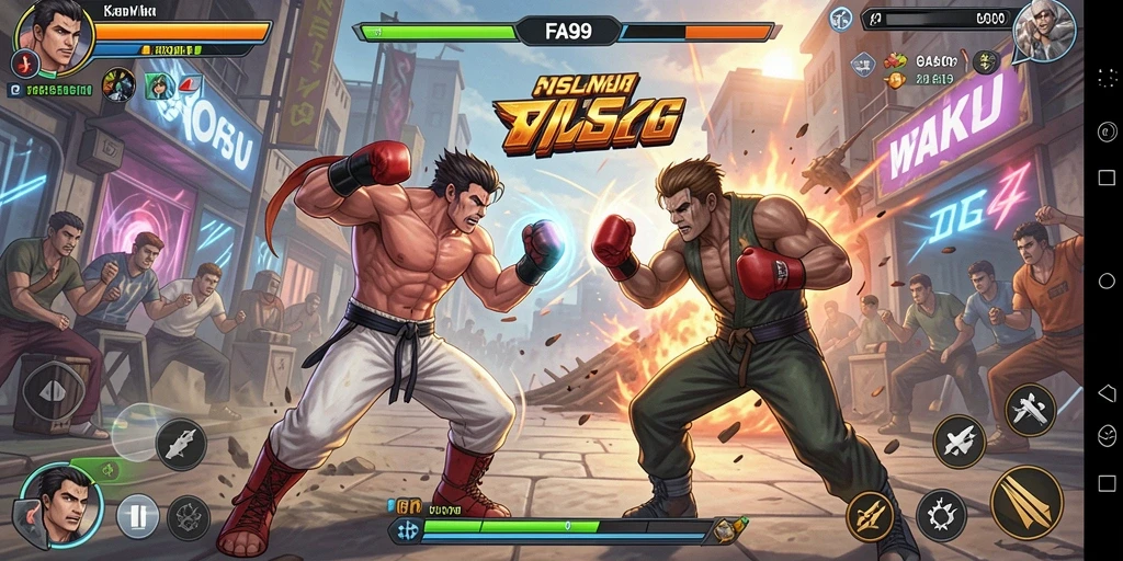 Tampilan aksi seru dari gameplay FA99 dengan gerakan pertarungan yang dinamis.