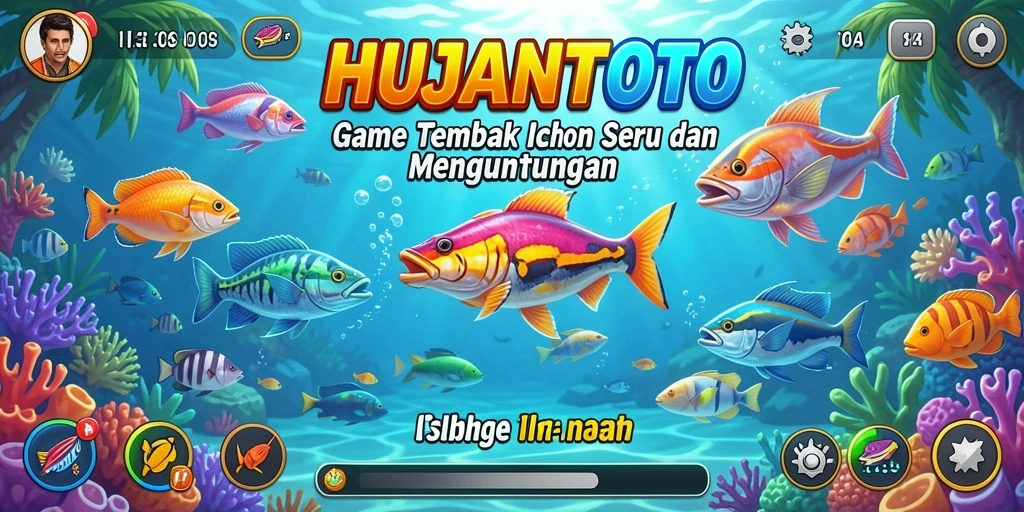 Tampilan gameplay HUJANTOTO dengan ikan yang berwarna-warni dan senjata siap digunakan.