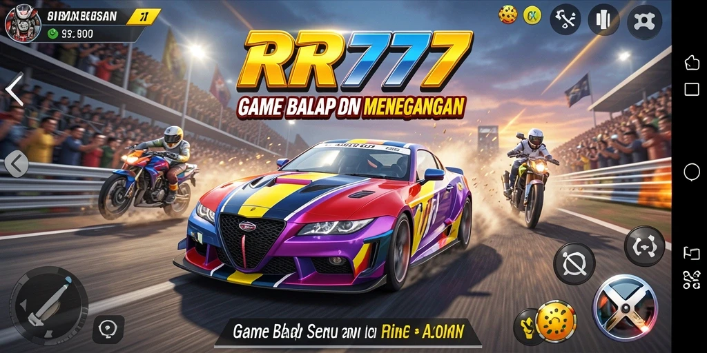 Screenshot RR777 menunjukkan balapan dengan mobil cepat di trek menarik.